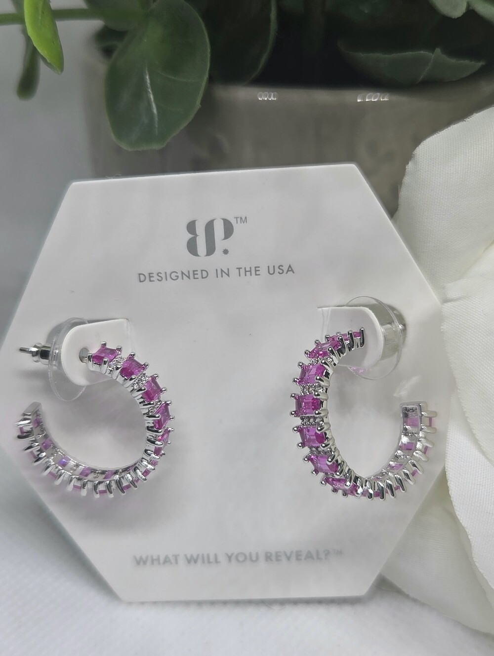 BP Rose Corrundum Open Hoop Earrings On Rhodium Plating